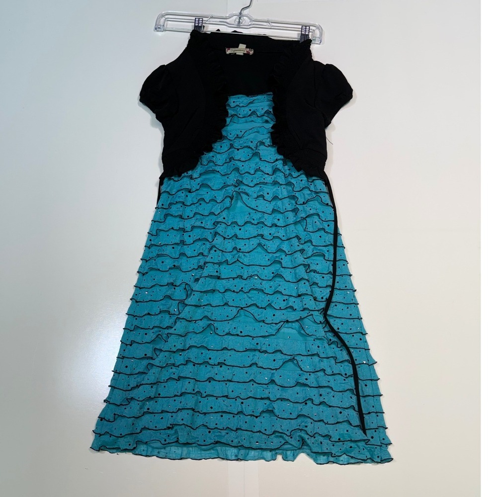 Speechless Dress Girls 12 Blue Black Ruffle Polka Dot Sequin Bolero Shrug